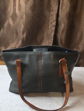 Fossil Black Leather Tote with Brown Strap Accents